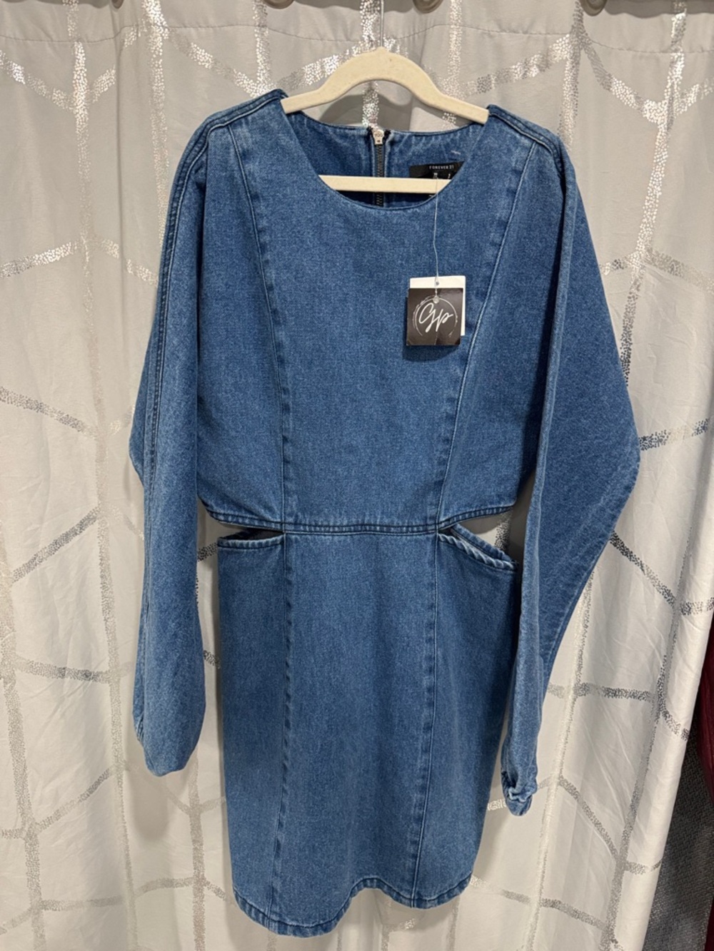 Forever 21 Denim Mini Dress Womens Small Blue Good Cutout Long Sleeve